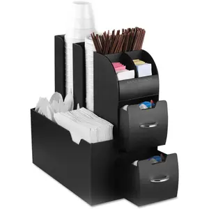 Cup and Condiment Station, Countertop Organizer, Coffee Bar, Kitchen, Stirrers, 5.35"W x 11.25"L x 11.15"H, Black