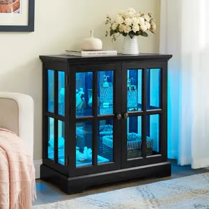 【Bellemave】LED Curio Display Cabinet, Antique Display Cabinet with Adjustable Shelves, Retro Design Quality Showcase with Lattice Doors Elegant Bookcase and Storage Cabinet for Home Decor and Organization BLK