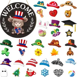 35 Pcs Holiday Interchangeable Highland Cow Welcome Sign Highland Cow Seasonal Wooden Hanging Door Decor Patriotic Farmhouse Hanging Sign for Front Door Graduation Party Decoration