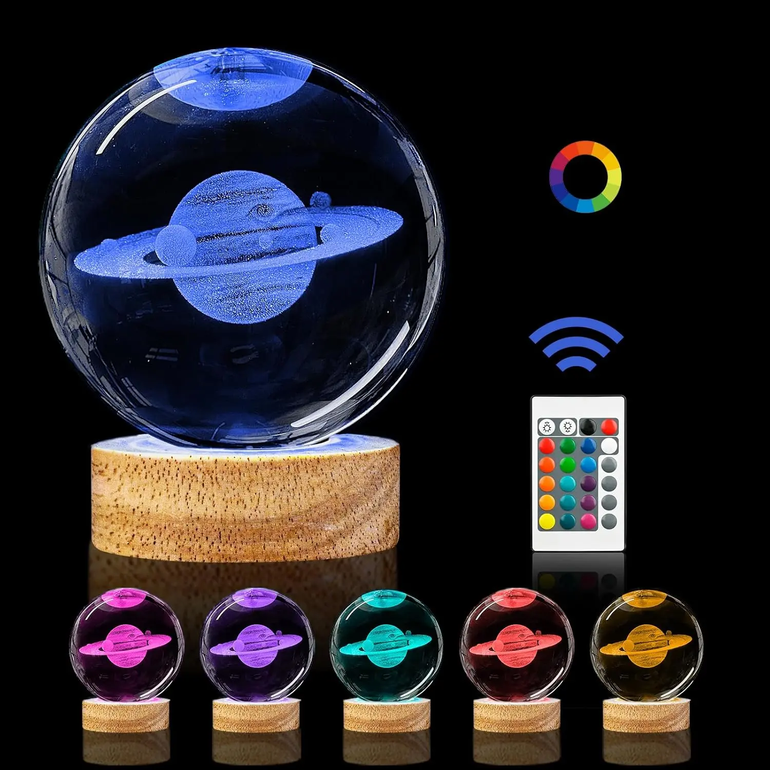 3D Saturn K9 Crystal Ball Night Light (3.15in), Color-Changing Glass Sphere Lamp with Wooden Base & Remote Control, Planet Gift for Kids Friends