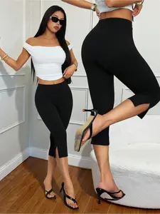 Women's Solid Color Casual Fitted Split Leg Capri Shorts, Sportswear, Business Casual, Teacher, Summer Fashion, Tight Pants