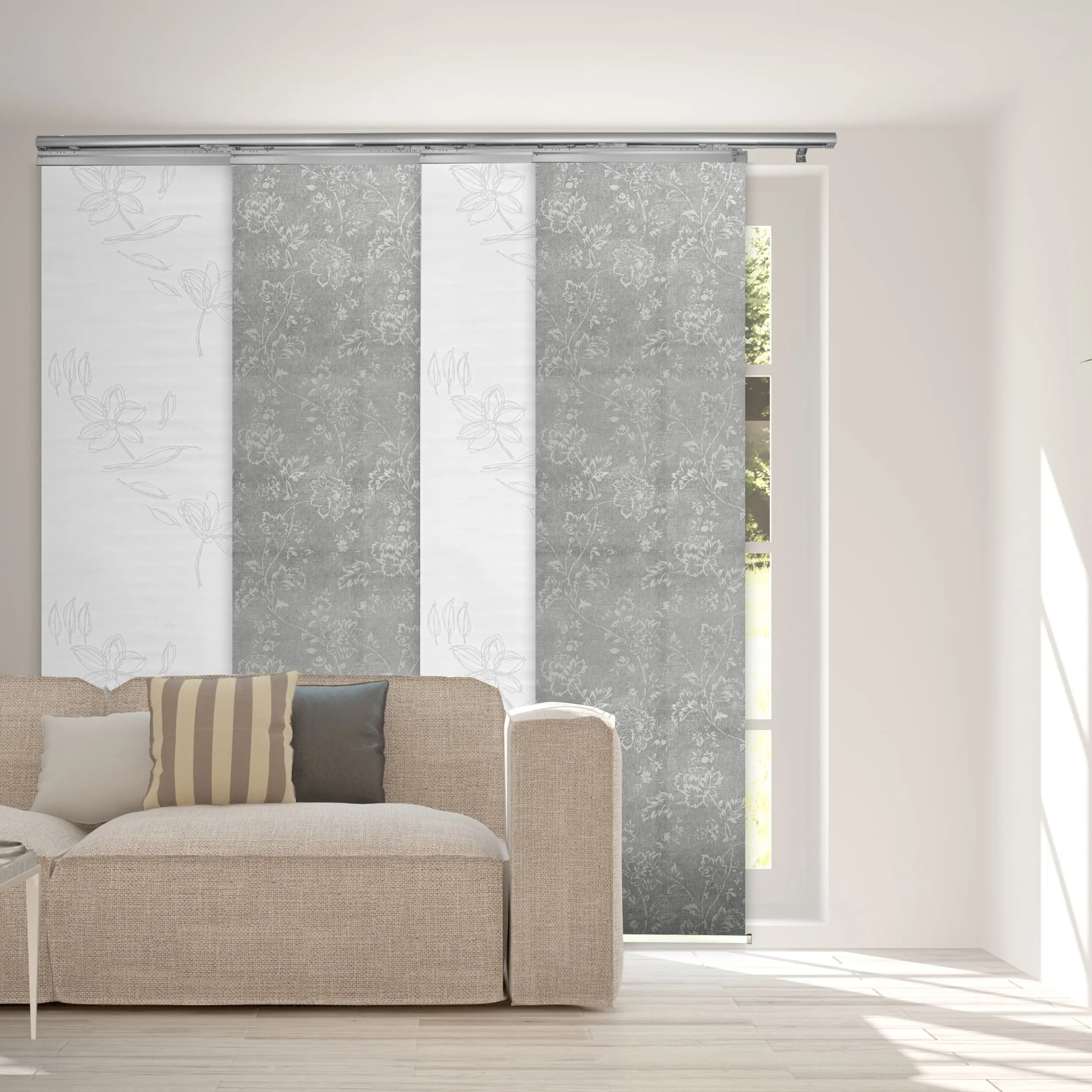 4-Panel Single Rail Panel Track Blind Extendable 48"-88"W x 91.4"H, Panel width 23.5", Lotus, Carolyn