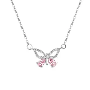 Alina Butterfly Necklace - Hypoallergenic Design with Pink Gemstones and Silver Chain