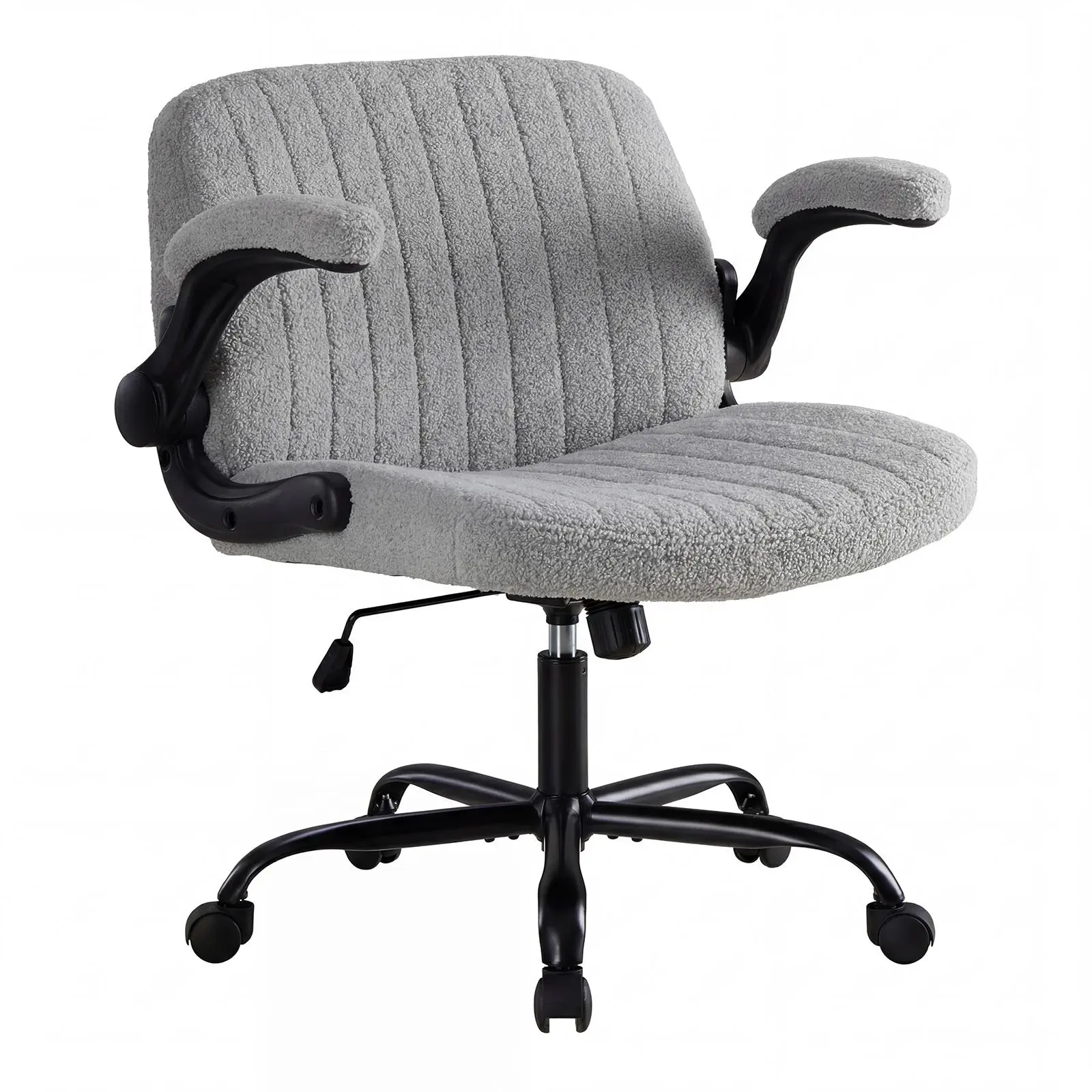 Wide Seat Office Chair with Flip-Up Armrests, 360° Swivel Rolling Desk Chair with Adjustable Height, Ergonomic Cross-Base Design, Soft Teddy Fleece Upholstered Computer Chair for Home Office, Study & Workspace, Gray