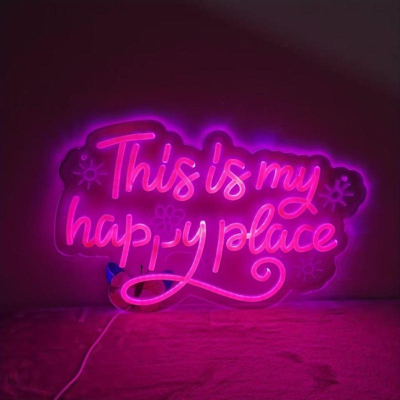 This is my happy place pink neon sign usb powered dimmable LED light sign, dimmable switch, birthday, christmas, thanksgiving, new year, housewarming gifts, family gathering, bar, game room, man cave, bedroom wall decoration