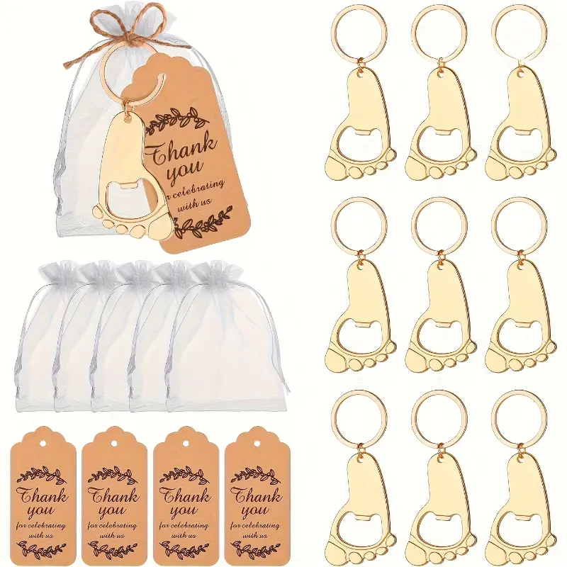 30pcs Aluminium Golden & White Heart Cutout Footprint Keychain Bottle Openers - Durable Home Decor Party Favors with Mesh Bag, Thank You Cards & Twine for Weddings - No-Electricity Keepsake Gift, Keychains