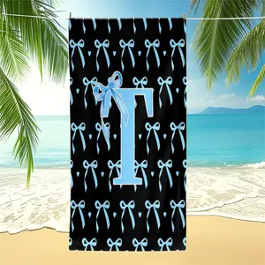 A-Z Initial Letter Beach Towel, Blue Bow & Heart Pattern Quick-Dry UV Protection Towel, Oversized Personalized Beach Pool Travel Towel, Cute Custom Gift for Girls, Soft Absorbent Towel