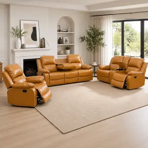 Ginger Yellow Manual Reclining Sofa Set, 3-Piece Living Room Furniture with Recliner Couch, Loveseat & Chair, Premium Breathing Leather, Flexible Combinations Available