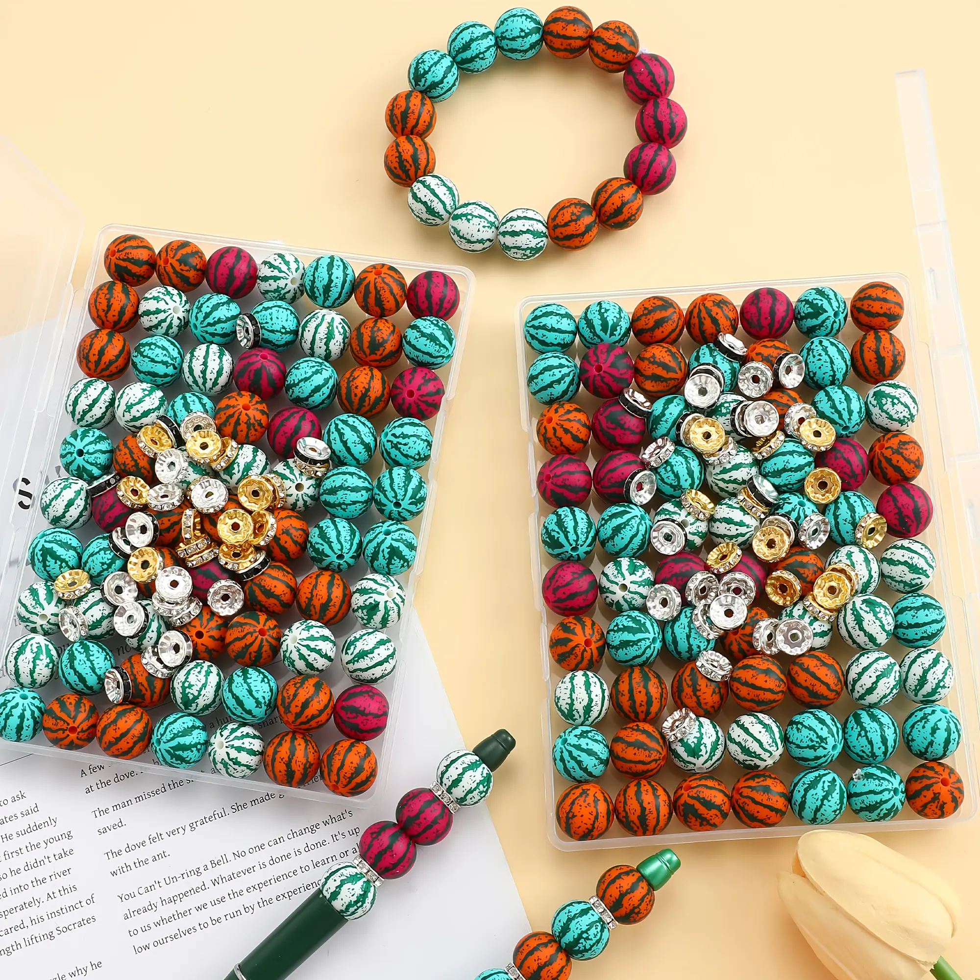 103 colorful watermelon silicone beads set - circular, loosely spaced beads, suitable for DIY jewelry making, keychains and decorative gifts. With fun fruit print design, ideal for handicrafts and jewelry making beads. Comes with a storage box.