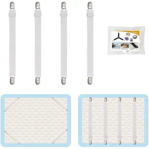 4 count Adjustable Bed Sheet Straps Clips, Elastic Mattress Sheet Fasteners Holder and Suspenders, Grippers to Hold Sheet, Mattress, Sofa, Couch, Table Cloth, Recliner Ironing Board Cover and