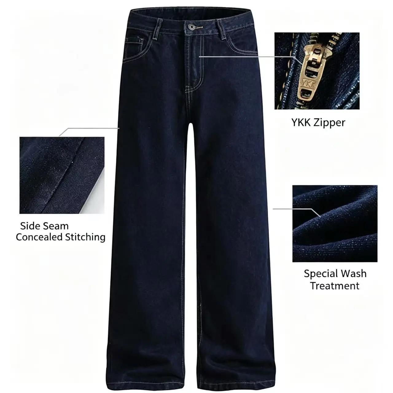 Men’s heavily crafted, washed jeans with slightly expanded cuts; non-stretch denim in solid blue. Straight-leg men’s jeans with a classic loose fit and distressed/washed details; wide-leg long pants made from high-quality denim intended for men. Trendy me