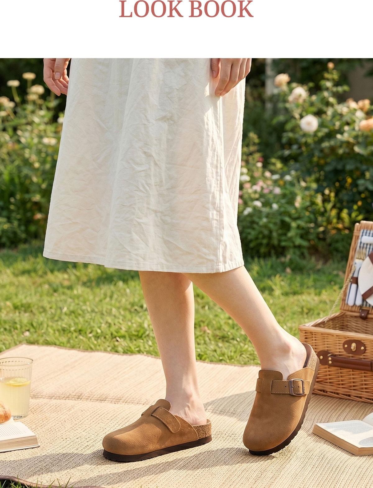 FITORY Breathe I | Women’s Suede Clogs, Womens Round Headed Cork Clogs, Suede Leather, Adjustable Straps Size 6-11