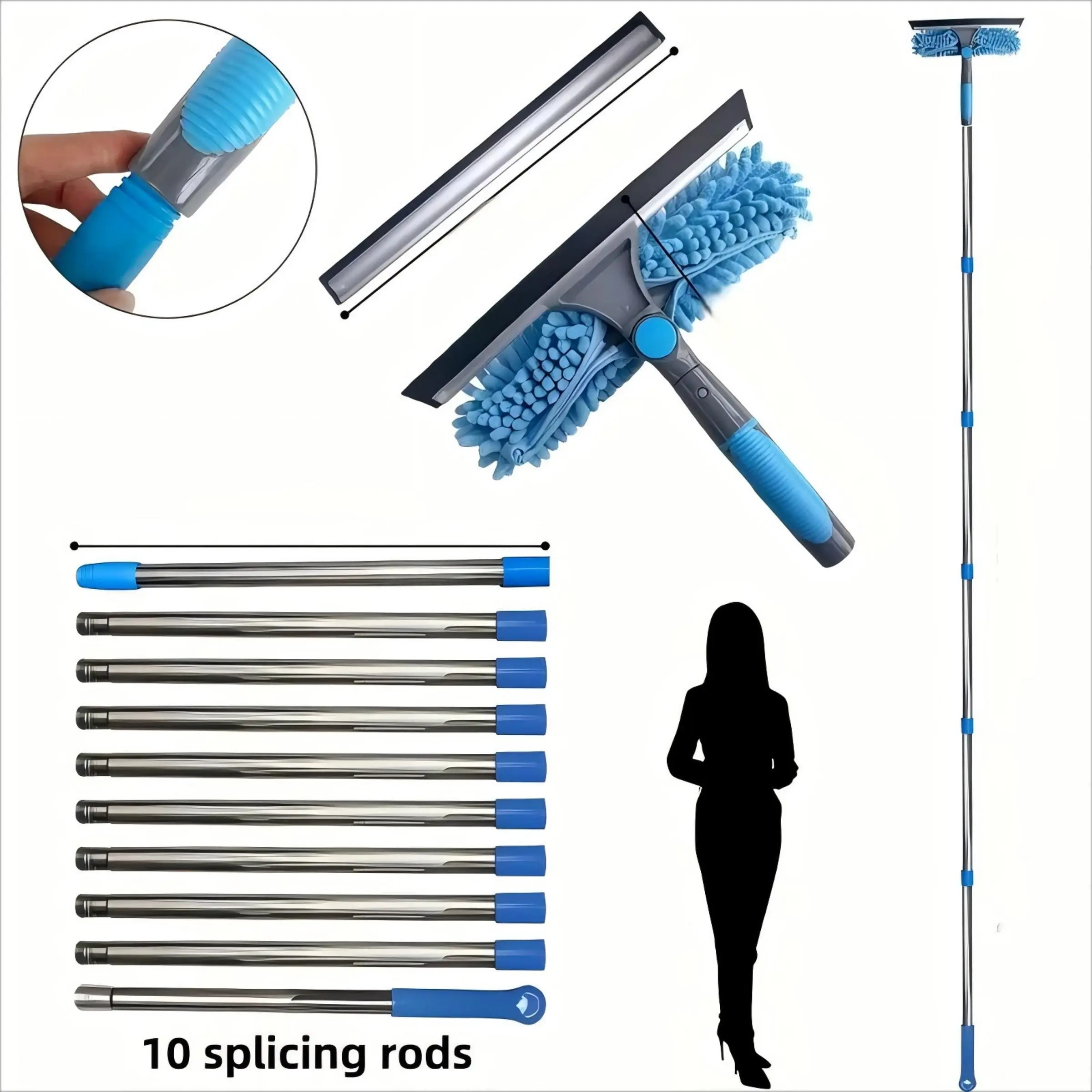 2 in 1 High-rise Window Cleaning Kit, 1 Set Window Cleaning Tool with 10 Extension Poles, Reusable Microfiber Pad, Ideal Holiday Gift
