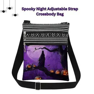 Halloween Night Adjustable Strap Small Crossbody Bag – Pumpkin Moon Bat Print Crossbody with Adjustable Strap, Stylish Messenger Bag for Adults, Halloween, Party or Valentine's Day Present