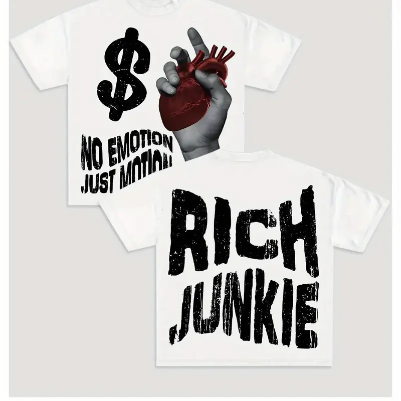 Men's Cartoon Hand & Rich Junkie Print Round Neck Tee, Loose Fashion Short Sleeve T-shirt for Summer, Men's Top for Daily Wear, Tropical, Stylish Tee, Casual Streetwear, Casual Graphic Tee