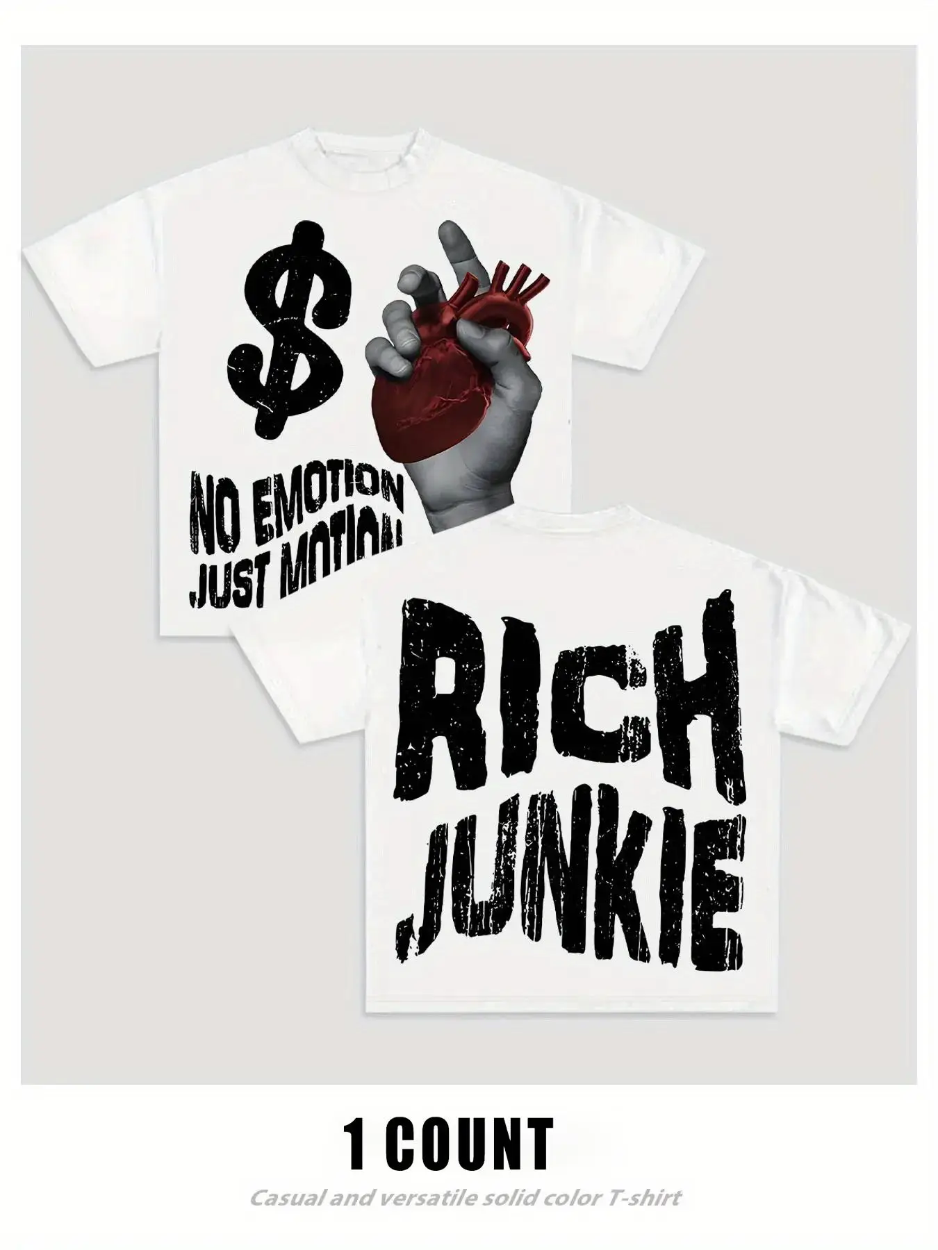 Men's Cartoon Hand & Rich Junkie Print Round Neck Tee, Loose Casual Fashion Short Sleeve T-shirt for Summer, Men's Top for Daily Wear, Tropical