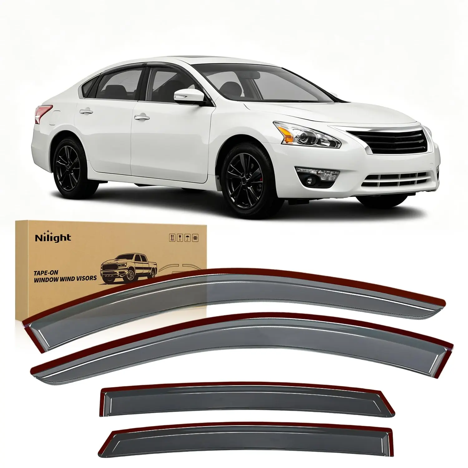 Nilight Tape-On Rain Guards for Altima 2013 2014 2015 2016 2017 2018 Sedan 4-Door, Dark Smoke Tinted Out-Channel Window Visors for Upper Window Frame, Vent Deflectors for Fresh Air, Rain & Wind Protection, 4PCS