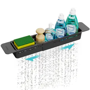 NiHome Extendable Sink Kitchen Organizer, Extra Long Telescopic Brush Storage Rack for Sponge, Non-Slip Pads Expandable Sink Caddy, Adjustable Sponge/Brush Rack with Drainage Durable ABS