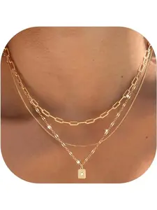 Layered Gold Necklaces for Women Trendy, 3 Pcs 14K Brass Gold Plated Choker Paperclip Box Chain, Stackable Women's Gold Pendant Necklaces Jewelry Set