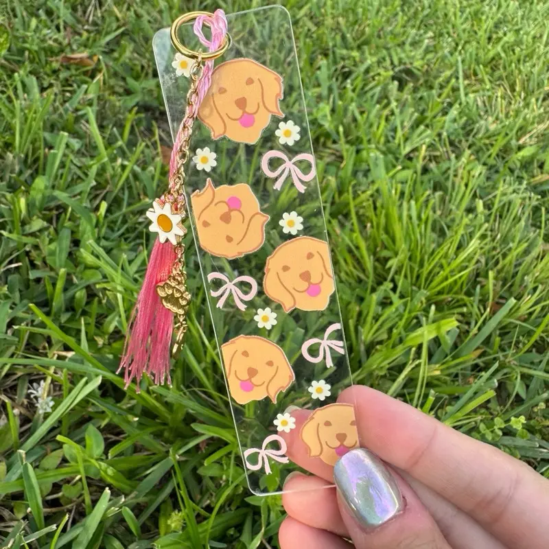 Paw-sitively Cute Acrylic Bookmark with Dog Daisy & Bow Design w Charms Pink Tassel Book Accessory