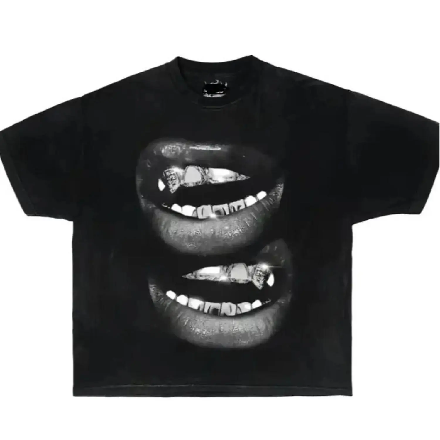 Men's Grin Fang Mouth Graphic Tshirt - Garment-Dyed Boxy Oversized Short-Sleeve Black Shirt, Streetwear Aesthetic Menswear Casual Top