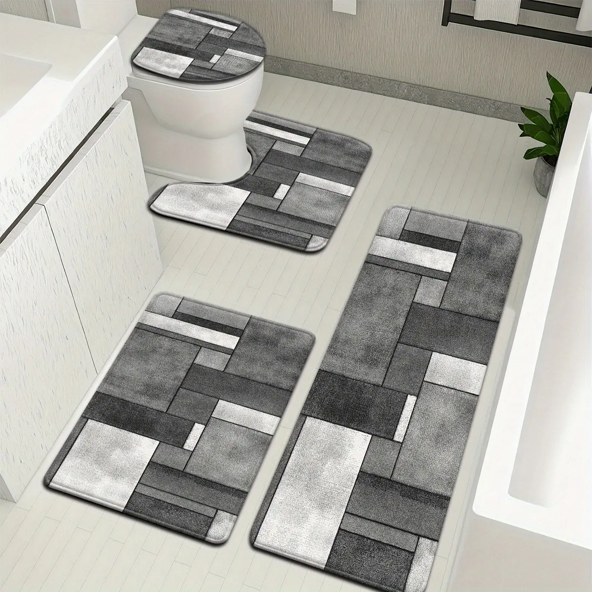 Gray Geometric Pattern Bathroom Mat Set - 3pcs/4pcs Flannel Set with Toilet Seat Cover and U-Shaped Footmat for Bathroom Home Supplies