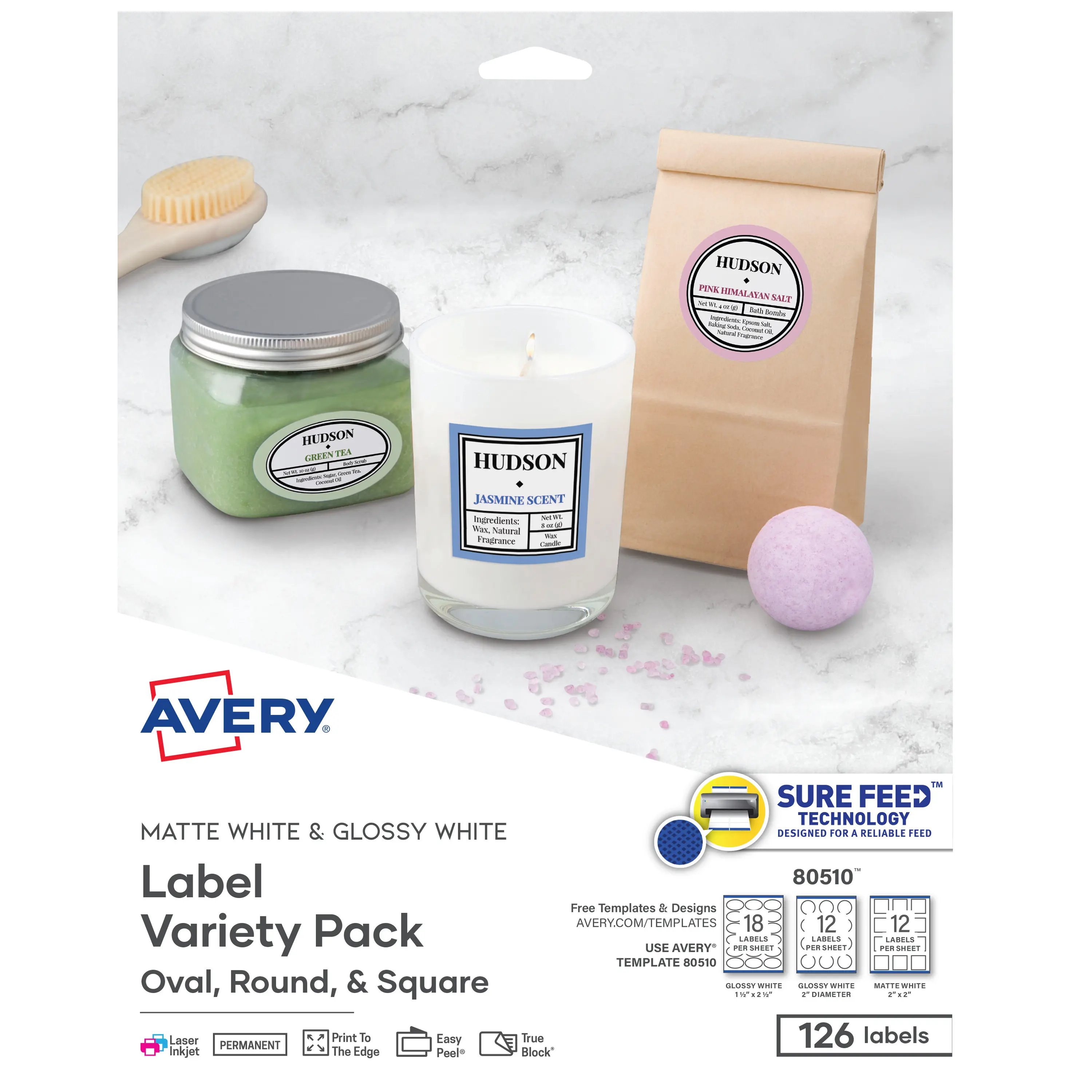 Avery Assorted Shape Labels Variety Pack - Sure Feed Technology, Laser/Inkjet Compatible, 126 Labels, Easy Peel, Gloss Matte, 8-1/2" x 11" Print Sheets (80510)