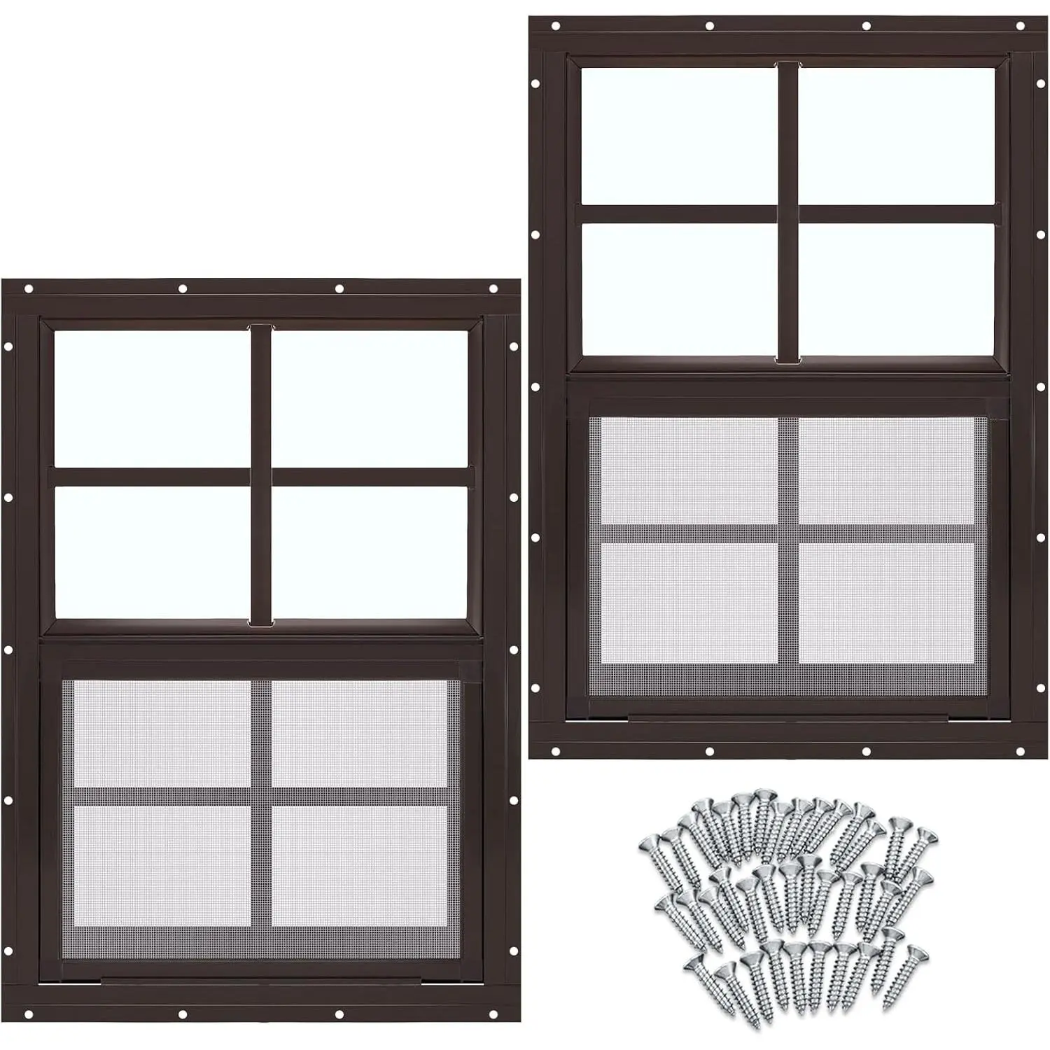 2 count 12'' x 18'' Brown Flush Mount Shed Window with Tempered Glass and Screen Household Windows Sliding Windows with Vertical Slider and Screws for Chicken Coop Sheds Barns