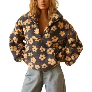 Fleece Half Zip Fall Fleece Sweatshirts Cute Floral Printed Half Zip Pullover Long Sleeve Y2k Sherpa Coat With Pocket Half Zip Fleece Womens Fleece Pullover Sherpa Pullover Womens