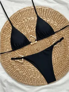 Two-Piece Set Women's Solid Color Tie Side Bikini Set, Casual Fashion Chic Swim Bra & High Cut Swim Panty Set, Ladies Swimsuit for Beach Holiday Vacation