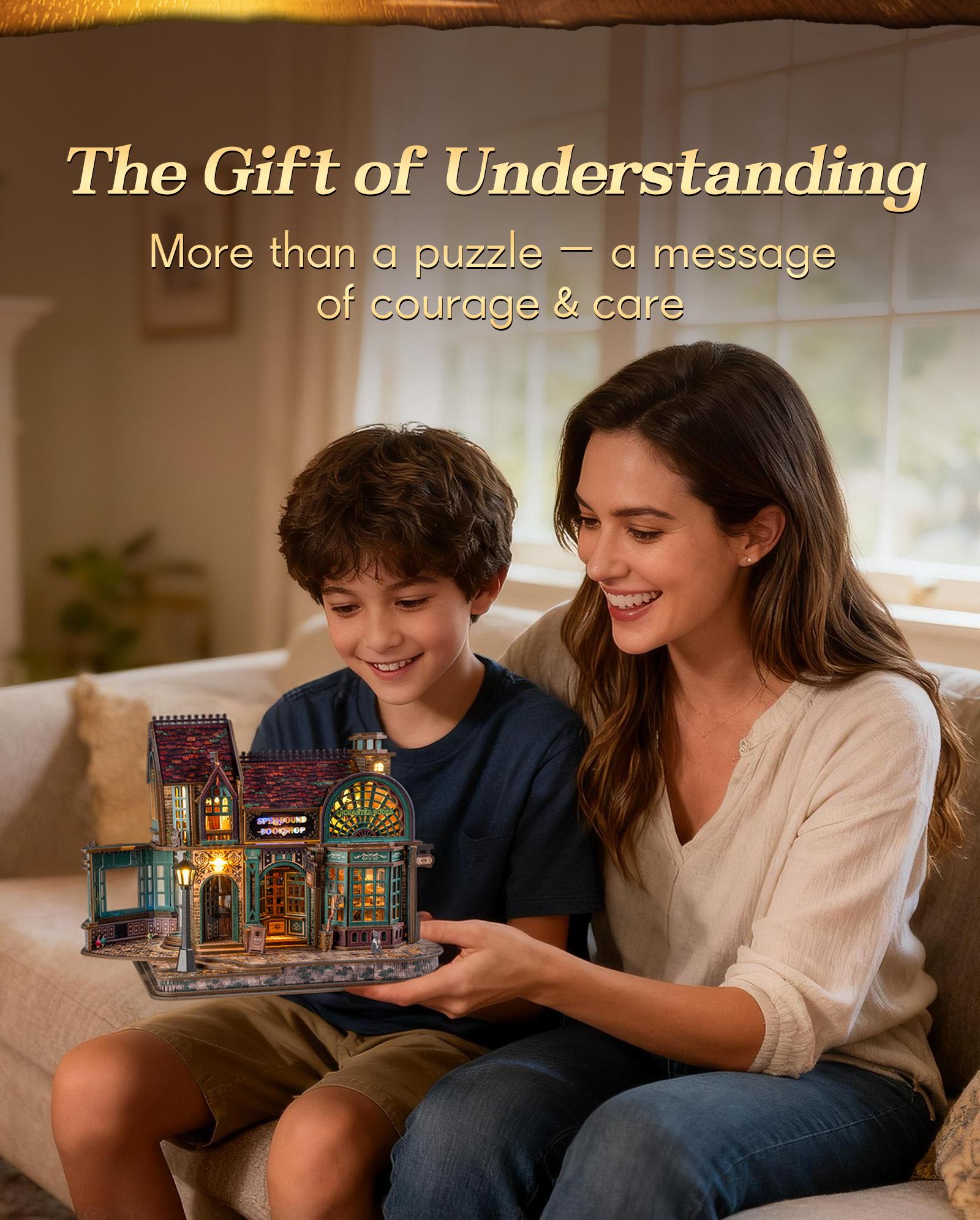 FUNPOLA LED 3D Wooden  Puzzle Magic Bookstore Building Model Kit - DIY Miniature Spellbound Bookshop - 3D Puzzle Architecture Craft Gift for Adults(Standard&Upgraded))