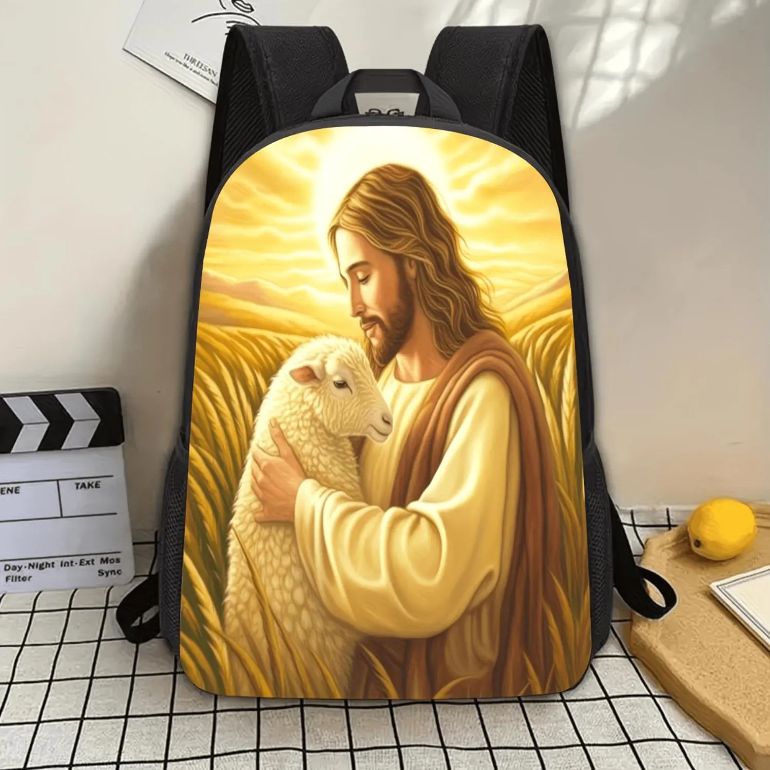 1pc Jesus & Lamb Design 17-Inch Lightweight Laptop Backpack with Water Bottle Holder - Durable Casual Backpack for School, Work, Travel,  Unique Religious Gift for Christmas
