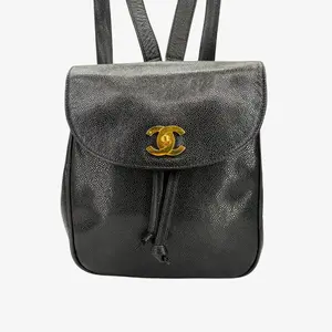 Pre-owned CHANEL Black Caviar Leather CC Turn Lock Drawstring Backpack