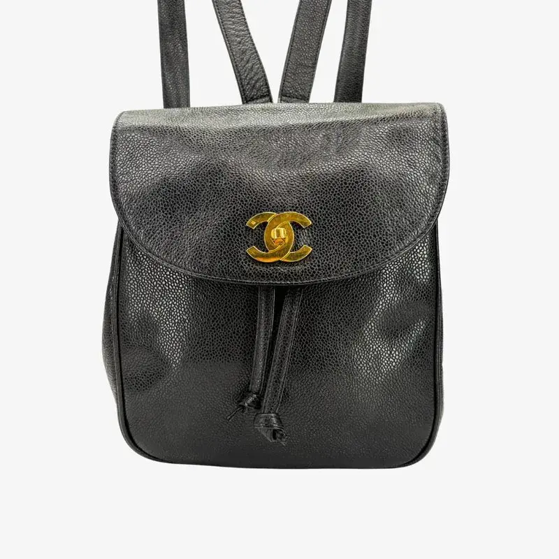 Pre-owned CHANEL Black Caviar Leather CC Turn Lock Drawstring Backpack