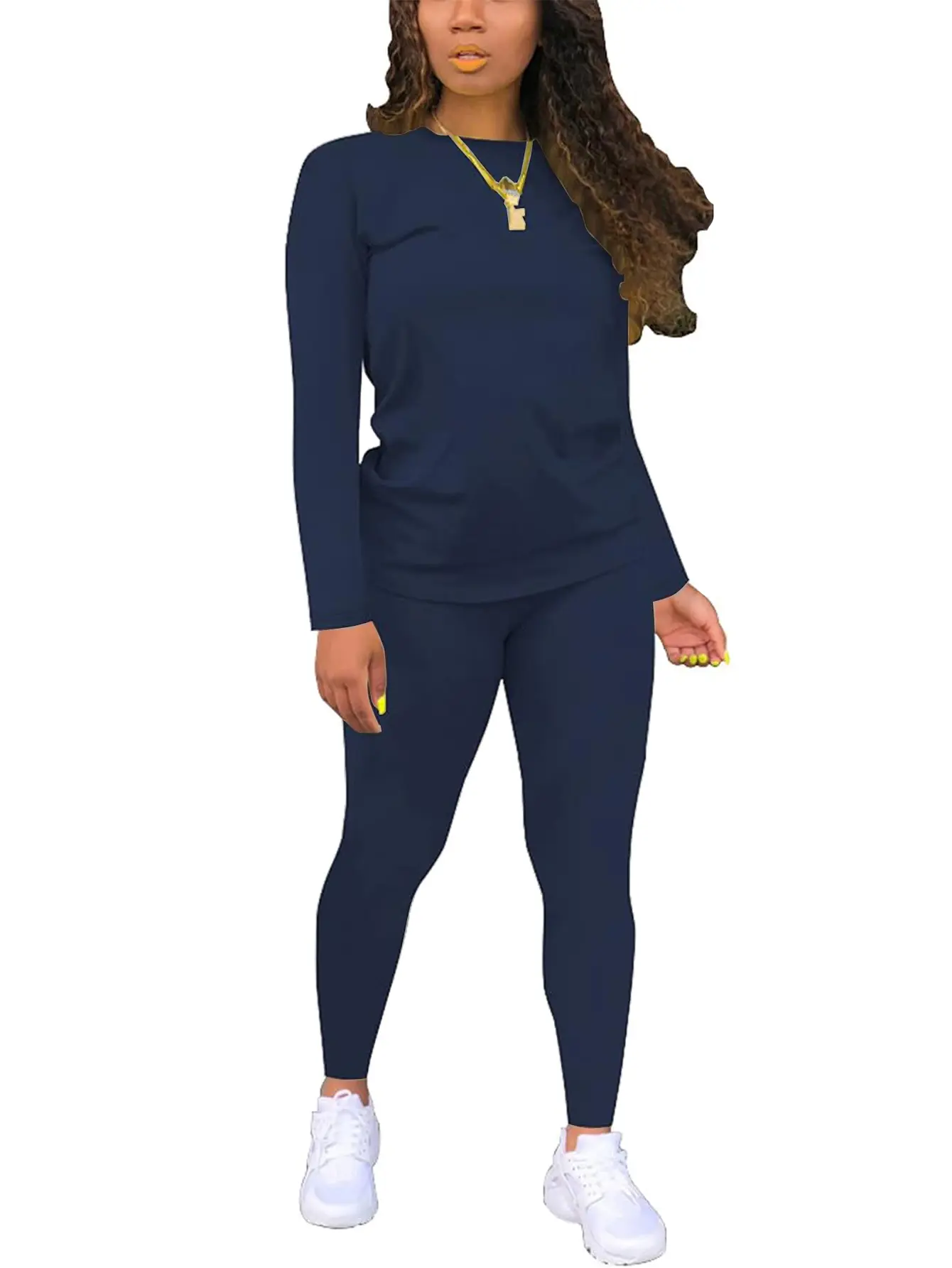 Women's Fitted Basic Round Neck Long Sleeve Solid Color Casual 2-Piece Set - Core Womenswear for Spring Glow-Up, Woman 2 Piece Set, 2 Piece Sets Women