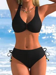 Women's Solid Color Swimsuit Style Bikini Set V Neck U-Shaped Decoration High Waist Sexy Side Drawstring Swimwear Fashion Beachwear Swimwear Summer Fashion Beach Vacation Two-Piece Swimsuit High Waisted Swimsuits