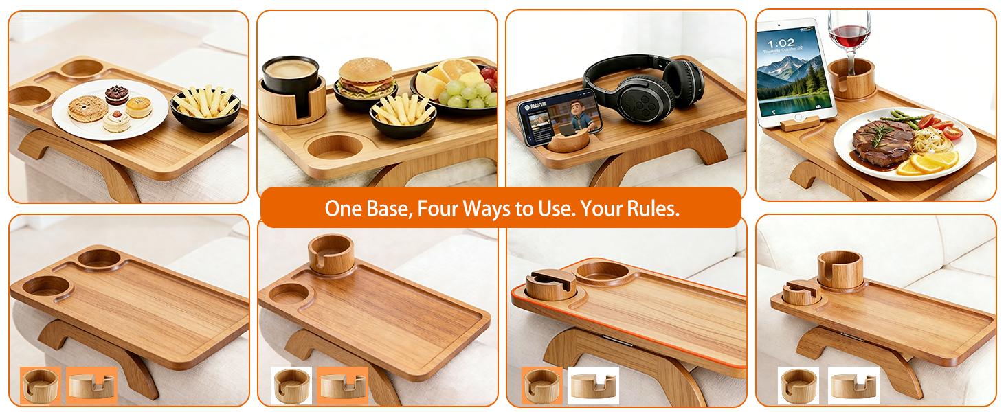 Acacia Wood Sofa Armrest Tray, Clip-On Space-Saving Design with Cup Holder, 360° Rotating Phone Holder, Anti-Slip Pads, Easy Installation for Daily Use