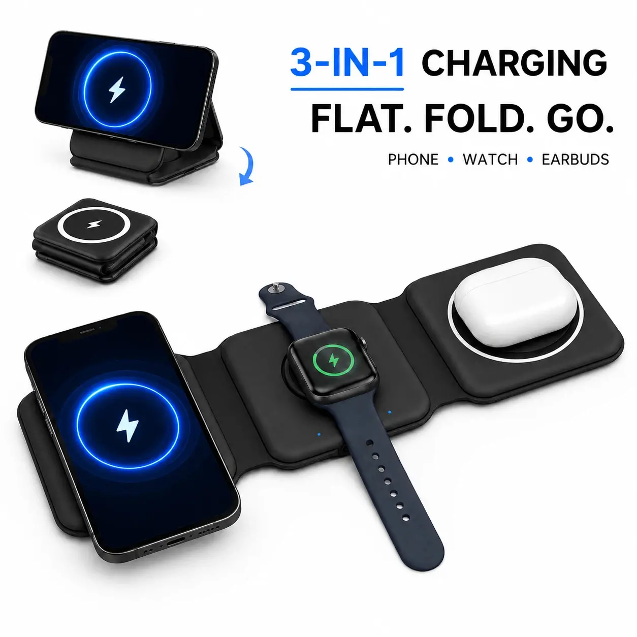 3-in-1 Foldable Magnetic Wireless Charging Station, 15W Fast Charger Stand for Phone, Smartwatch & Wireless Earbuds, Compact Travel Charging Dock-YY