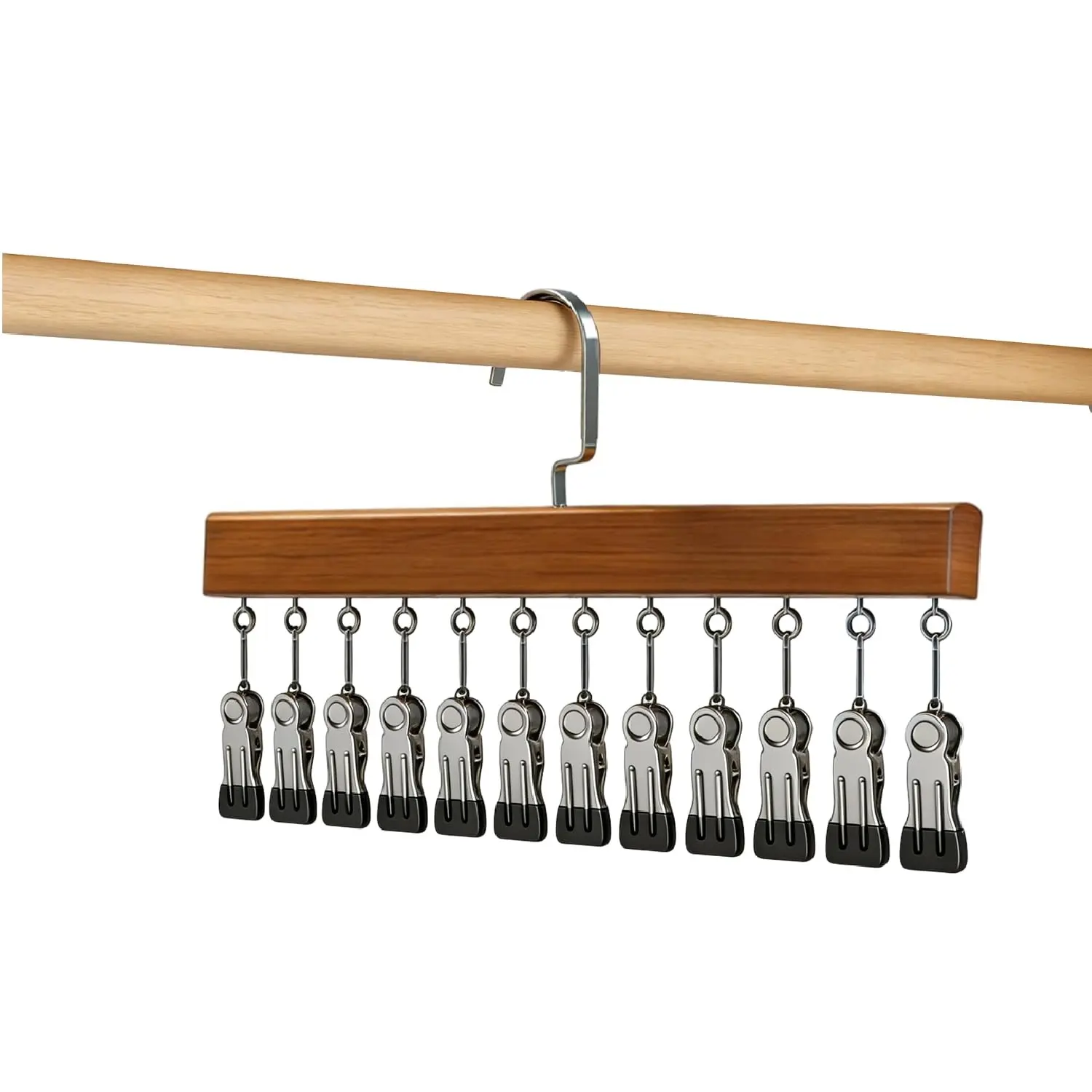 Closet Organizer with 12 Clips, Space Saving Hangers for Clothes, Space Saver Hangers, Wooden Socks Hats Pants Hangers, Small Room Organization, Hanging Clothes