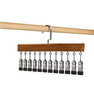 Closet Organizer with 12 Clips, Space Saving Hangers for Clothes, Wooden Socks Hats Pants Hangers, Small Room Organization