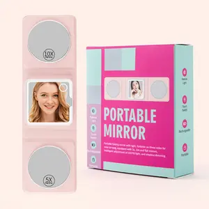 LED portable 3-side makeup mirror, compact, portable, foldable, waterproof, with 3 mirrors Hand Mirror with Hanging Loop Handheld Makeup Mirror with Light Personalized Compact Mirror