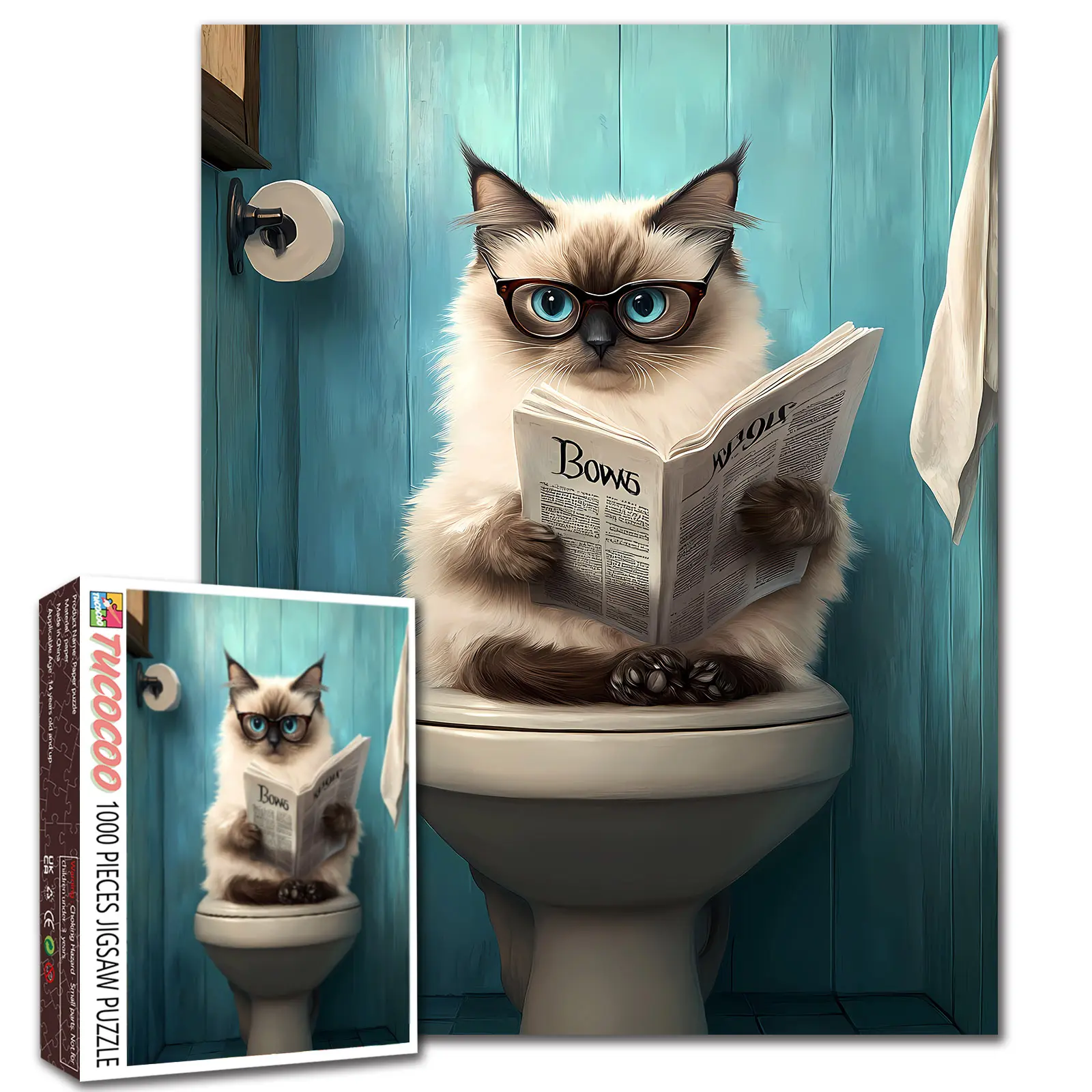 Tucocoo 1000-Piece Funny Cat on Toilet Bathroom Art Jigsaw Puzzle, Humorous Cartoon Design, Relaxing Hobby, Family Stress Relief Brain Activity, Decorative Wall Art, Unique Gift for Adults (27.5x20in/70x50cm)