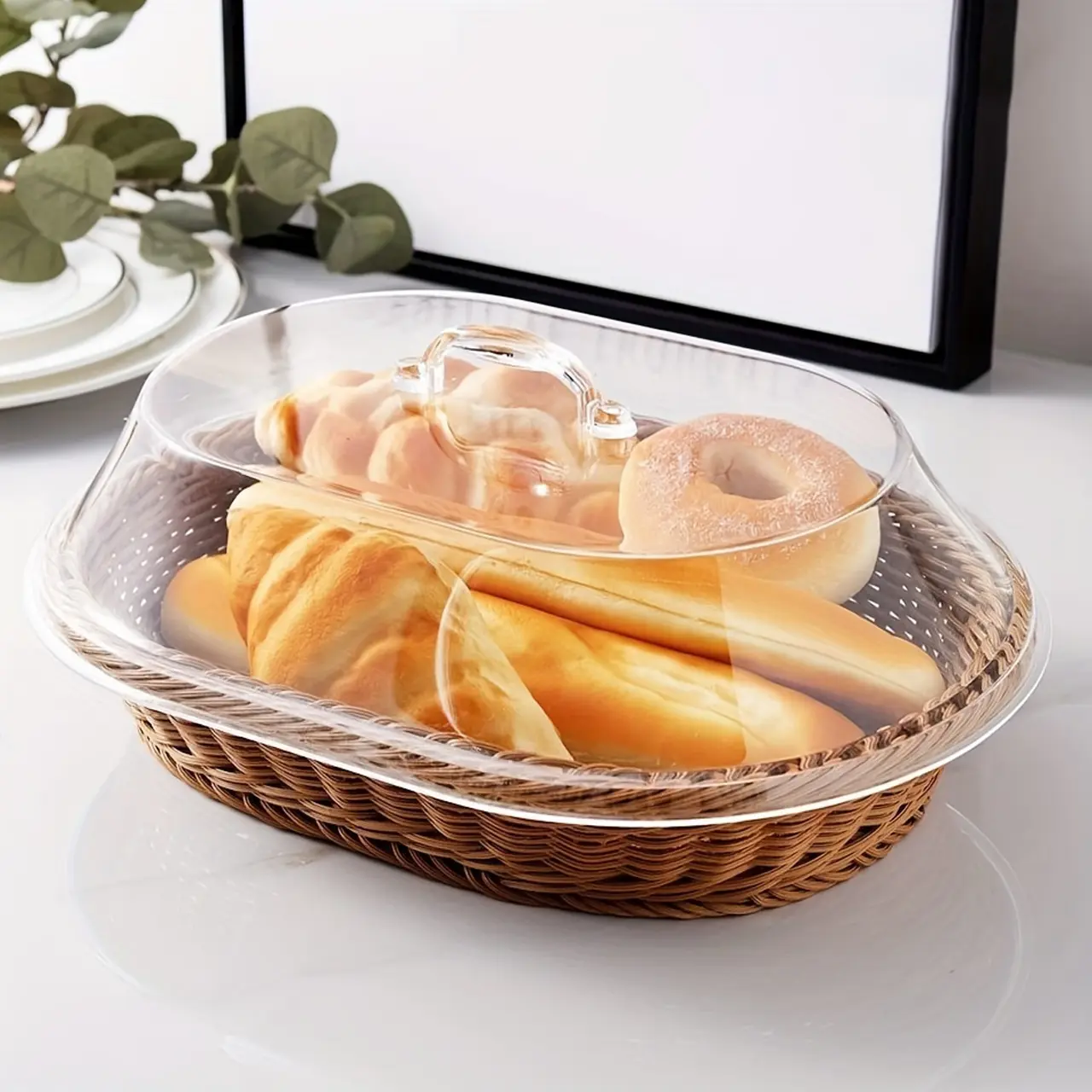 Classic Woven Bread Basket with Clear Acrylic Lid, Bread Container, Durable Washable Food Tray for Kitchen Picnic Home Display, Ideal Storage Organizer