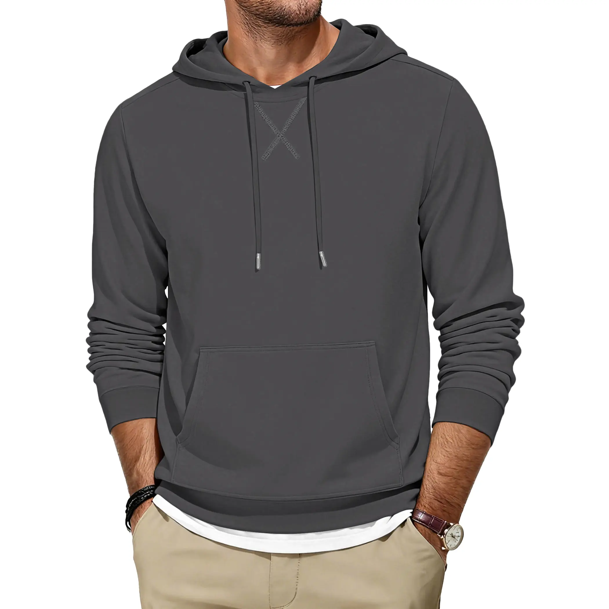 AUSELILY Menswear Men's Hoodie Tops - 2026 New Casual Long Sleeve Pullover Sweatshirt with Pockets, X Decoration