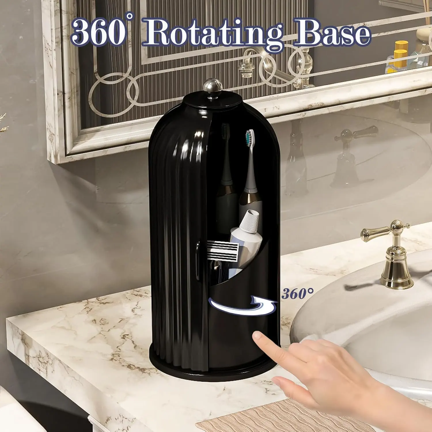 Gray-Black Modern Covered Toothbrush Holder - Waterproof, Dust-Free Plastic Organizer with 360° Rotating Base, Multi-Sections, 4.8" Diameter, 9.84" Height, Space-Saving Bathroom Corner Vanity Essential for Makeup & Toothbrushes