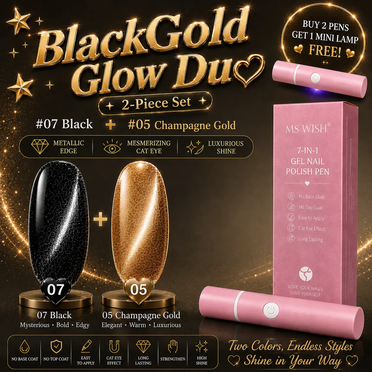 Ms Wish Black Gold Glow Duo (With Free Mini Lamp)
