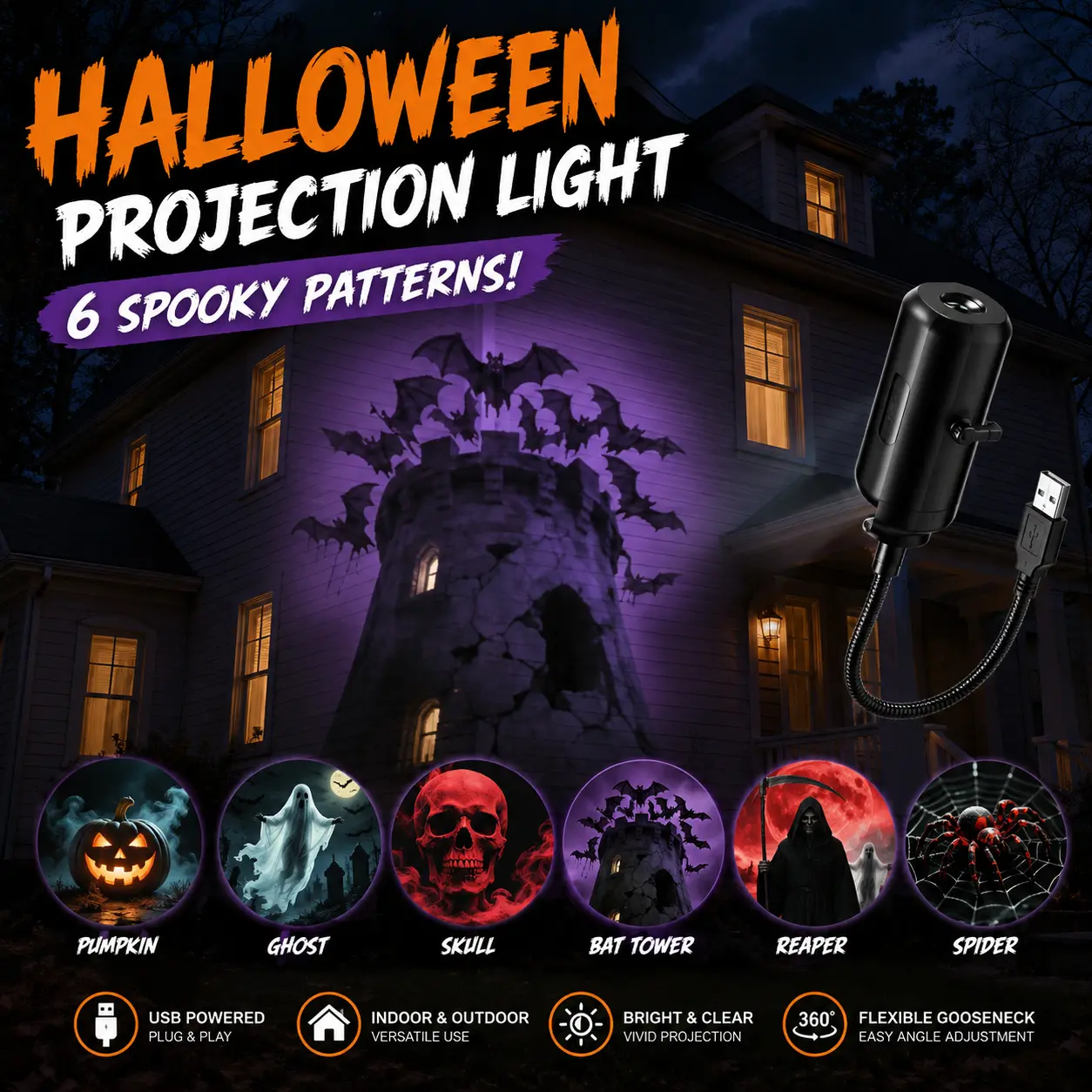 Halloween Projection Light with 6 Spooky Patterns, USB Plug-In Window Projector Light, 360° Flexible Gooseneck Halloween Projector for Curtains, Walls, Garage Doors, Indoor Outdoor Party & Haunted House Decor