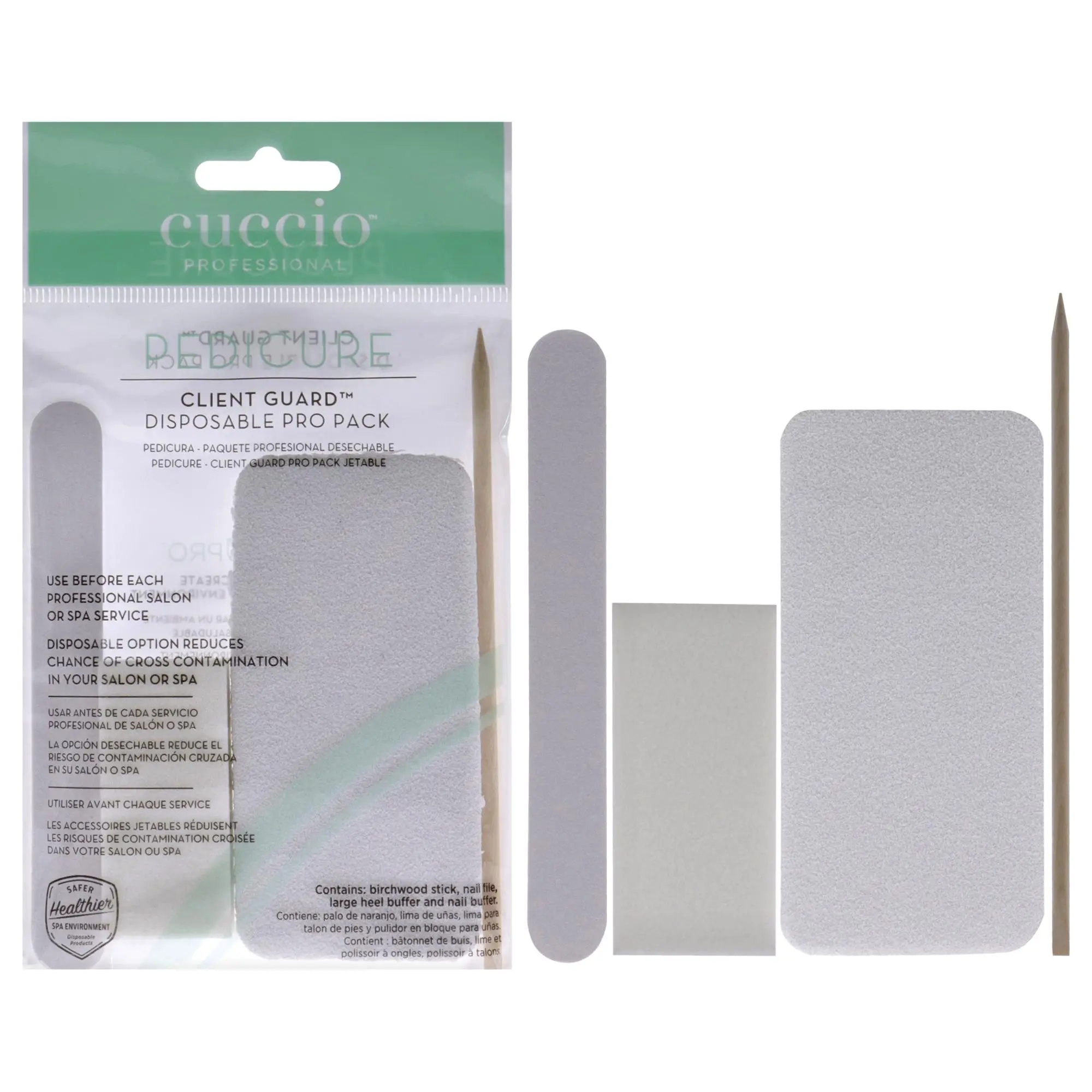 Cuccio Pro Single-Use Pedicure Client Guard Pro Pack for Women, 4-Piece Nail Supplies Hygienic Tools: Birchwood Stick, Nail File, Large Heel Buffer, Gentle Safety Essentials