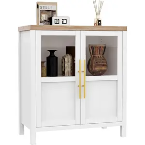 White Sideboard Buffet Cabinet with Two Glass Doors Compact Modern Farmhouse Storage White