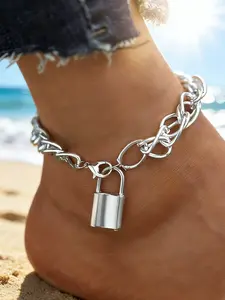 Fashion Thick Chain Lock Design Pendant Anklet, Suitable for Women and Girls, Casual Simple Plain Anklet, Party Daily Wear Decor, Adjustable Anklet